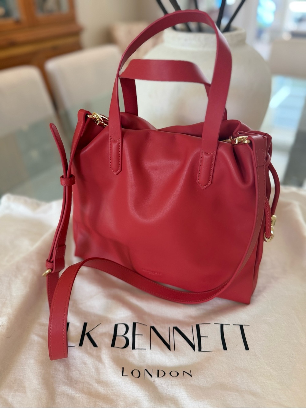 LK Bennett Red Leather Satchel with Detachable Strap
